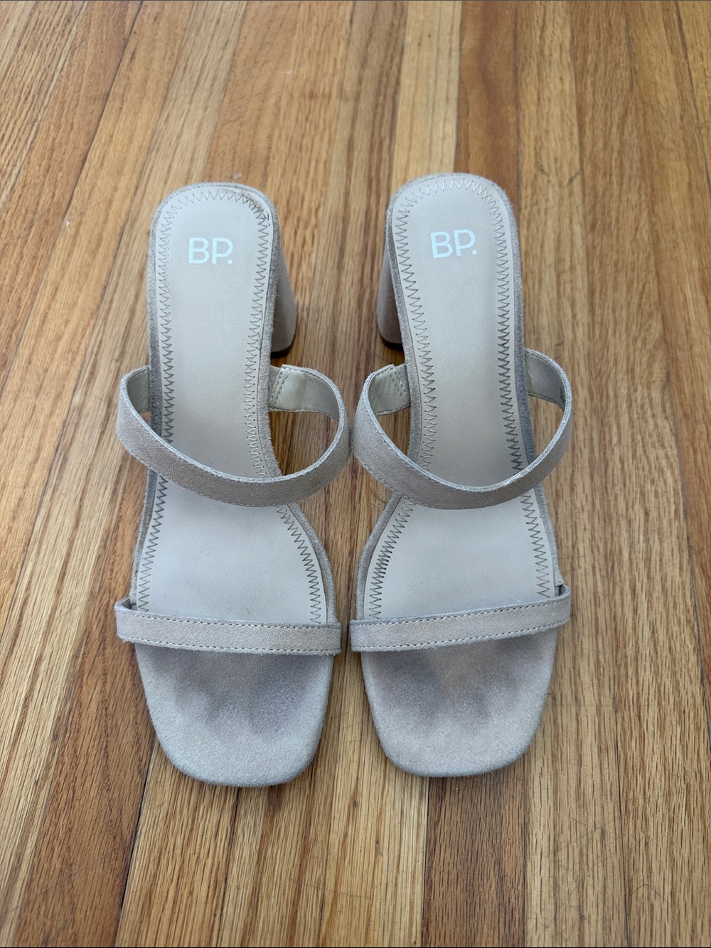 bp Light Beige Suede Two-Strap Block Heel Sandals